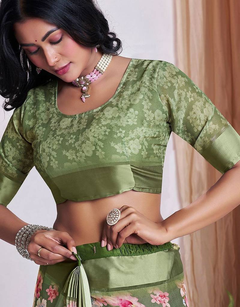 green floral printed pure georgette ready to wear saree