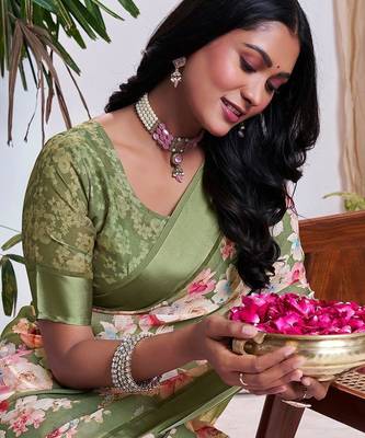 green floral printed pure georgette ready to wear saree 5
