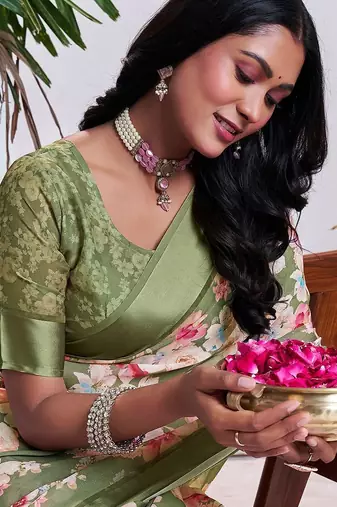 green floral printed pure georgette ready to wear saree