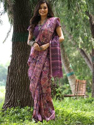 Purple ethnic motifs zari silk blend tussar saree 1