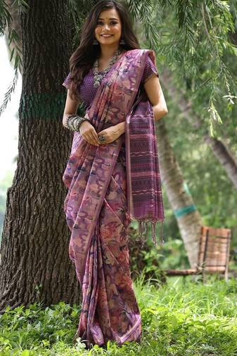 Purple ethnic motifs zari silk blend tussar saree