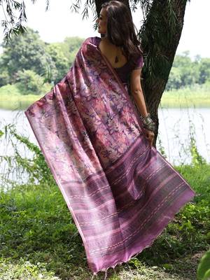 Purple ethnic motifs zari silk blend tussar saree 2