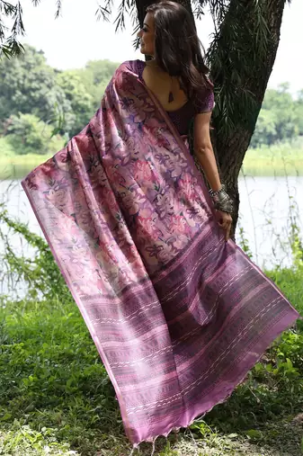 Purple ethnic motifs zari silk blend tussar saree