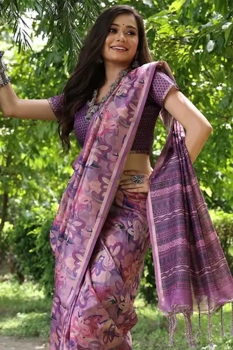 Purple ethnic motifs zari silk blend tussar saree