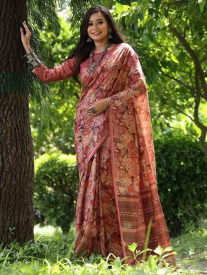 Peach silk blend tussar saree 1