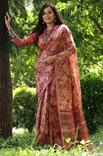 Peach silk blend tussar saree
