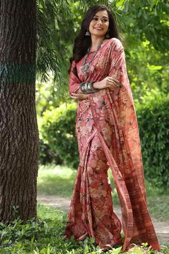 Peach silk blend tussar saree