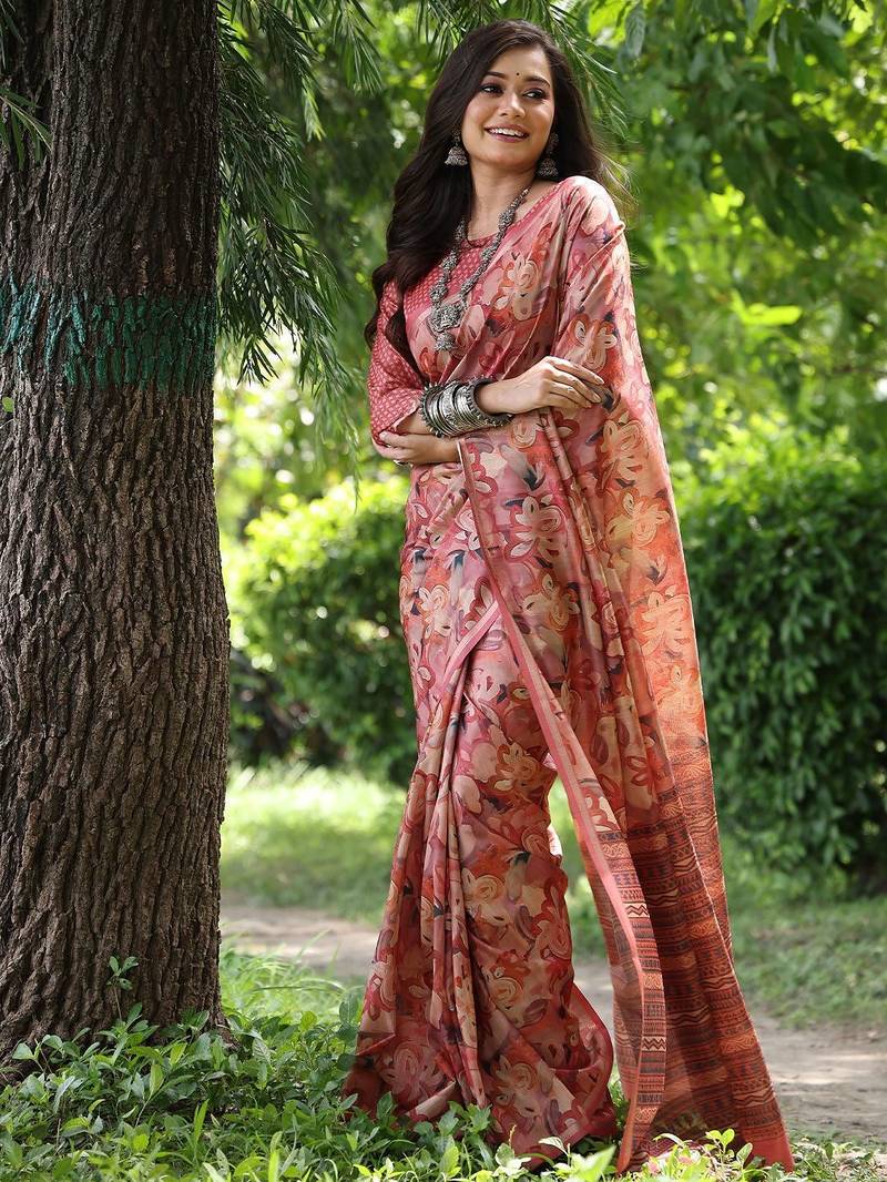 Peach silk blend tussar saree