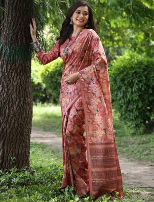 Peach silk blend tussar saree 3