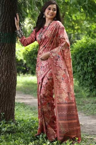 Peach silk blend tussar saree