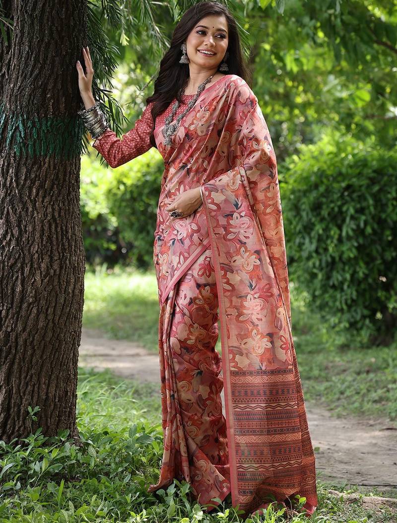 Peach silk blend tussar saree