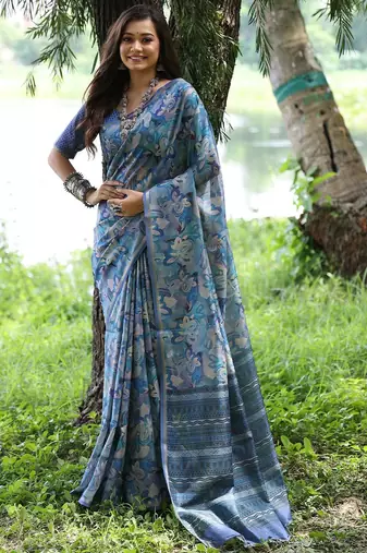 blue silk blend tussar saree