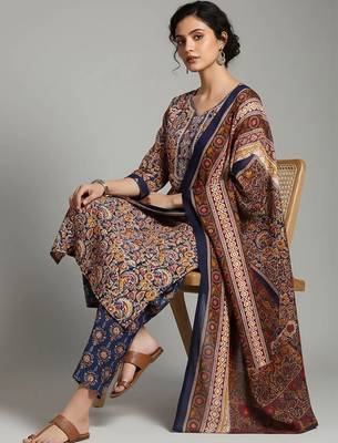 workwear women printed kurta with trousers with dupatta 5