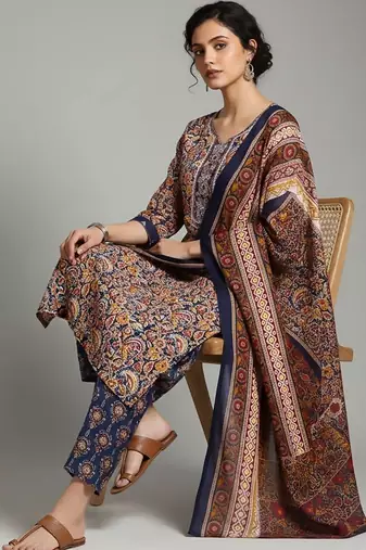 workwear women printed kurta with trousers with dupatta