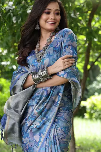 blue silk blend tussar saree