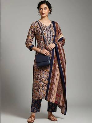 workwear women printed kurta with trousers with dupatta 6