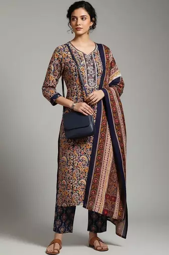 workwear women printed kurta with trousers with dupatta