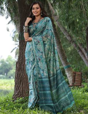 Teal silk blend tussar saree 1