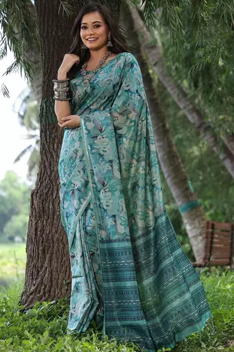 Teal silk blend tussar saree