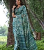 Teal silk blend tussar saree