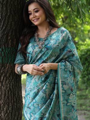 Teal silk blend tussar saree 2