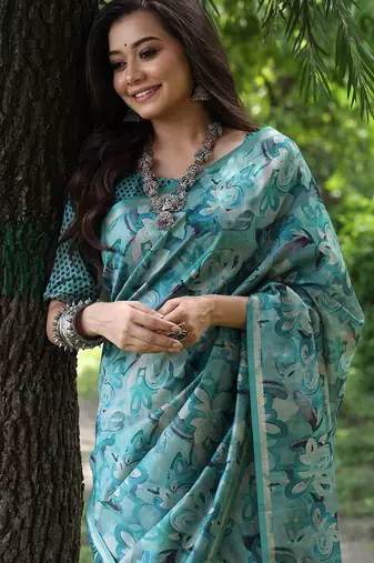 Teal silk blend tussar saree