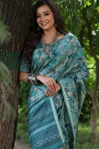 Teal silk blend tussar saree