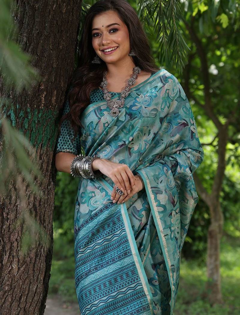 Teal silk blend tussar saree