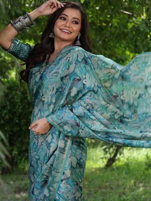 Teal silk blend tussar saree 4