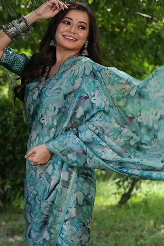 Teal silk blend tussar saree