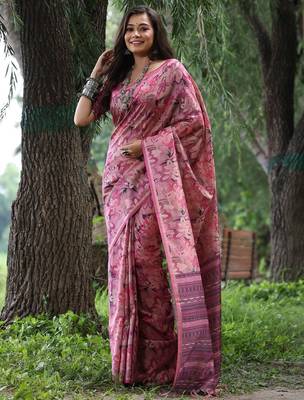 Pink ethnic motifs silk blend tussar saree 1