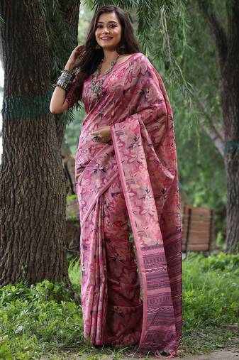 Pink ethnic motifs silk blend tussar saree