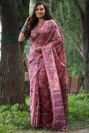 Pink ethnic motifs silk blend tussar saree