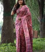 Pink ethnic motifs silk blend tussar saree