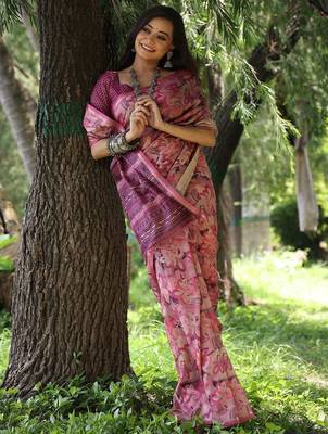 Pink ethnic motifs silk blend tussar saree 2
