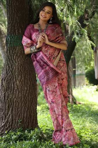 Pink ethnic motifs silk blend tussar saree