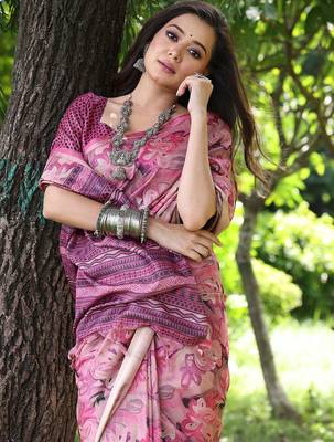 Pink ethnic motifs silk blend tussar saree 4