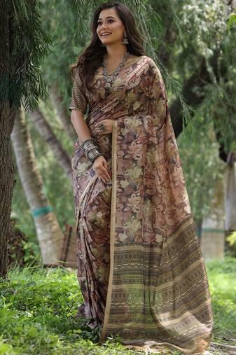 Brown silk blend tussar saree