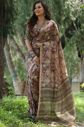 Brown silk blend tussar saree