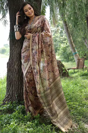 Brown silk blend tussar saree