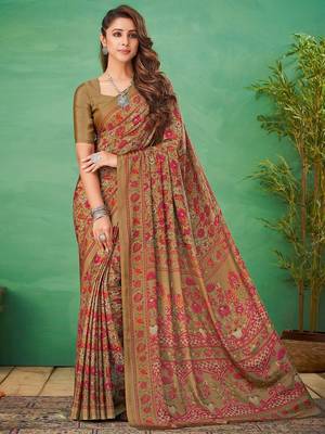 beige ethnic motifs printed poly crepe bagru saree 1