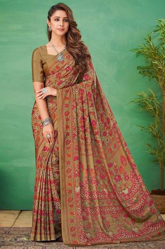 beige ethnic motifs printed poly crepe bagru saree