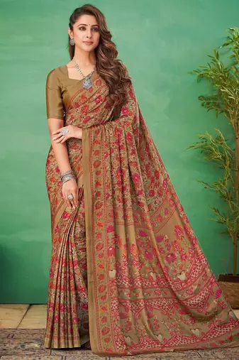 beige ethnic motifs printed poly crepe bagru saree