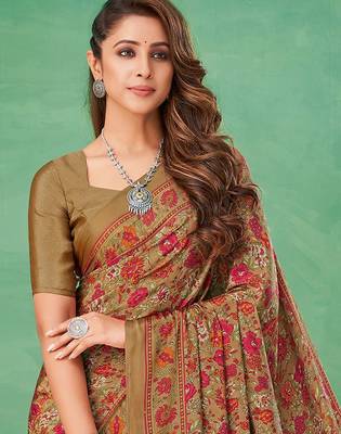 beige ethnic motifs printed poly crepe bagru saree 2