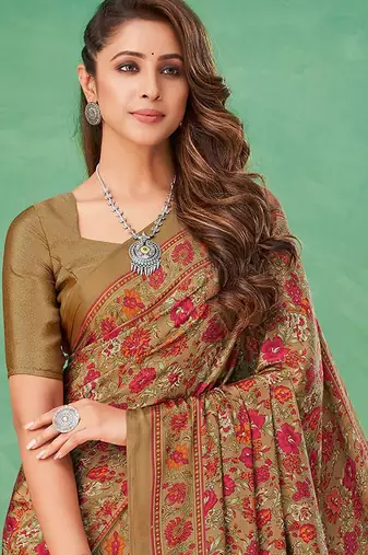 beige ethnic motifs printed poly crepe bagru saree