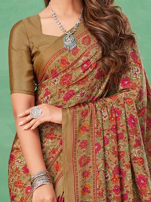 beige ethnic motifs printed poly crepe bagru saree 3
