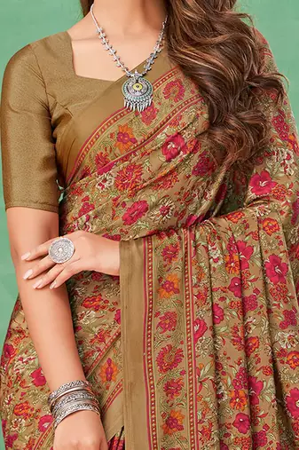 beige ethnic motifs printed poly crepe bagru saree