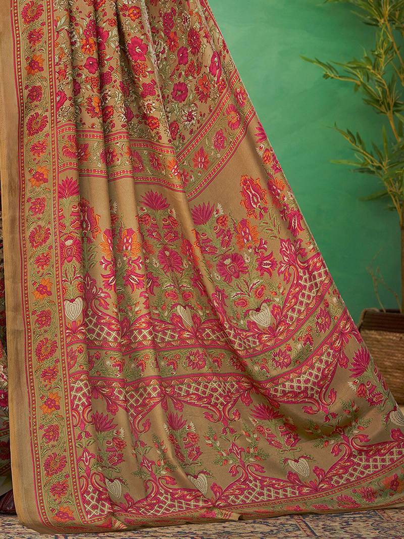 beige ethnic motifs printed poly crepe bagru saree