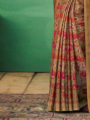 beige ethnic motifs printed poly crepe bagru saree 5