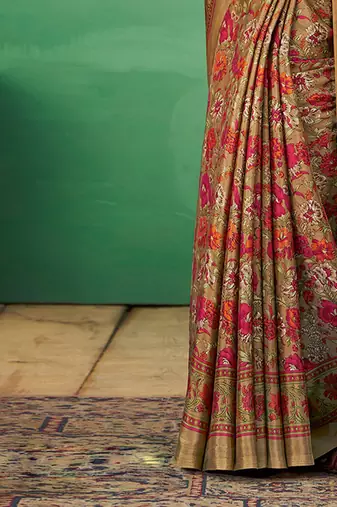 beige ethnic motifs printed poly crepe bagru saree
